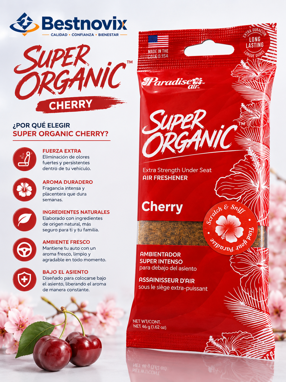 Ambientador Super Organic Cherry – Aroma a Cereza Duradero para Hogar, Oficina y Negocio